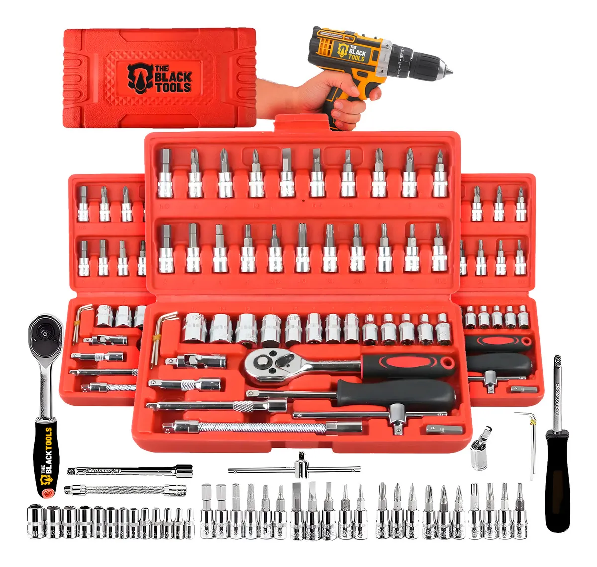 Jogo De Soquete Aço Crv 1/4 Catraca Chave Allen Kit Ferramentas C/ Maleta 46 Peças Fenda Philips Tks46 The Black Tools