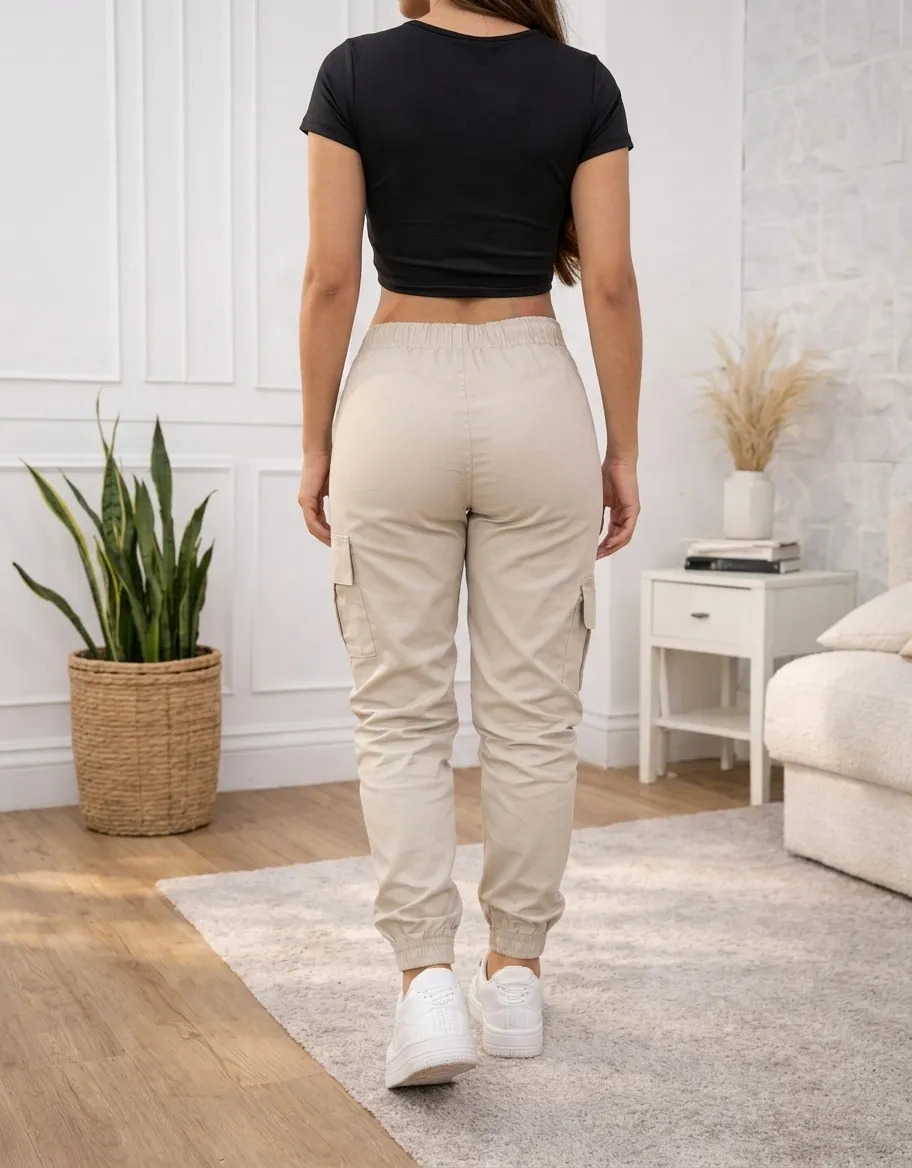Calça Cargo Jogger Jeans Feminina Cintura Alta Com Lycra - Imagem 2