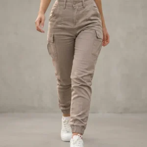 Calça Cargo Jogger Jeans Feminina Cintura Alta Com Lycra