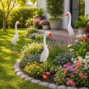 Trio Garça Ganso Jardim Enfeite Gramado Resistente Cerâmica
